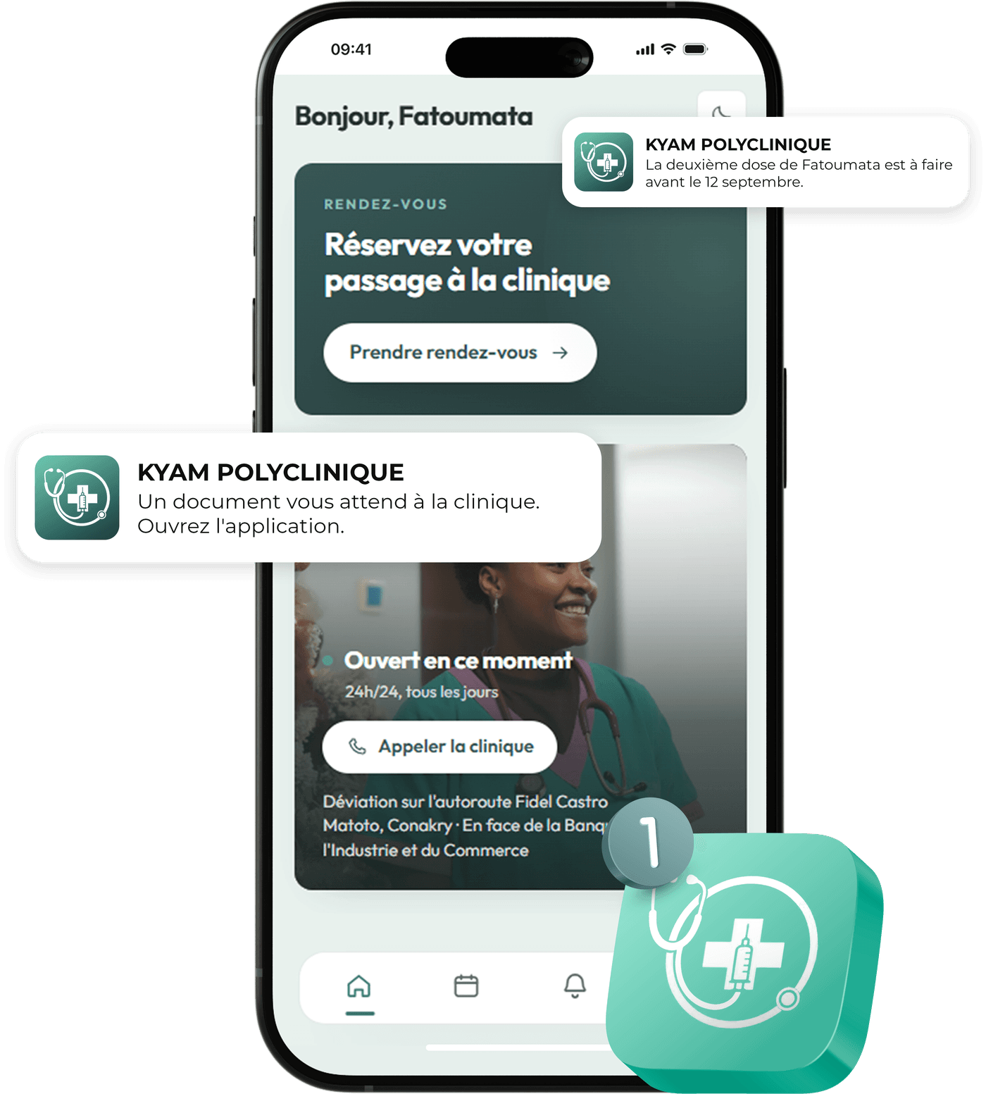 L'application KYAM affichant un rappel de dose et un message de la clinique
